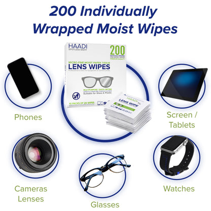 Glasses Cleaner Wipes – 200 Individually Wrapped, Pre-Moistened Lenses Wipes for Eyeglasses, Cameras, Binoculars & Screens