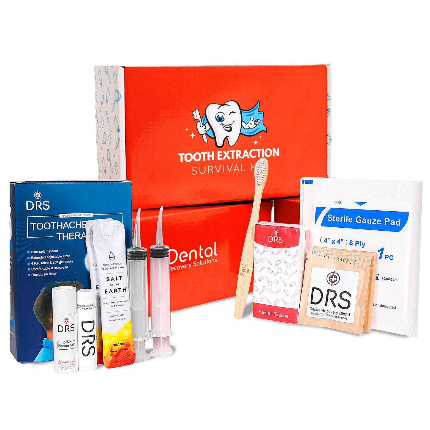 Wisdom Teeth Recovery Kit | Reusable Head Wrap with Ice Packs | Oral Irrigation Syringe, Salt Water Rinse, Gauze, Tea Bags, Electrolytes, Toothbrush