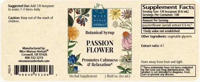 Wise Woman Herbals Passionflower Botanical Syrup 4:1 – Alcohol-Free Sleep Aid, 4 oz