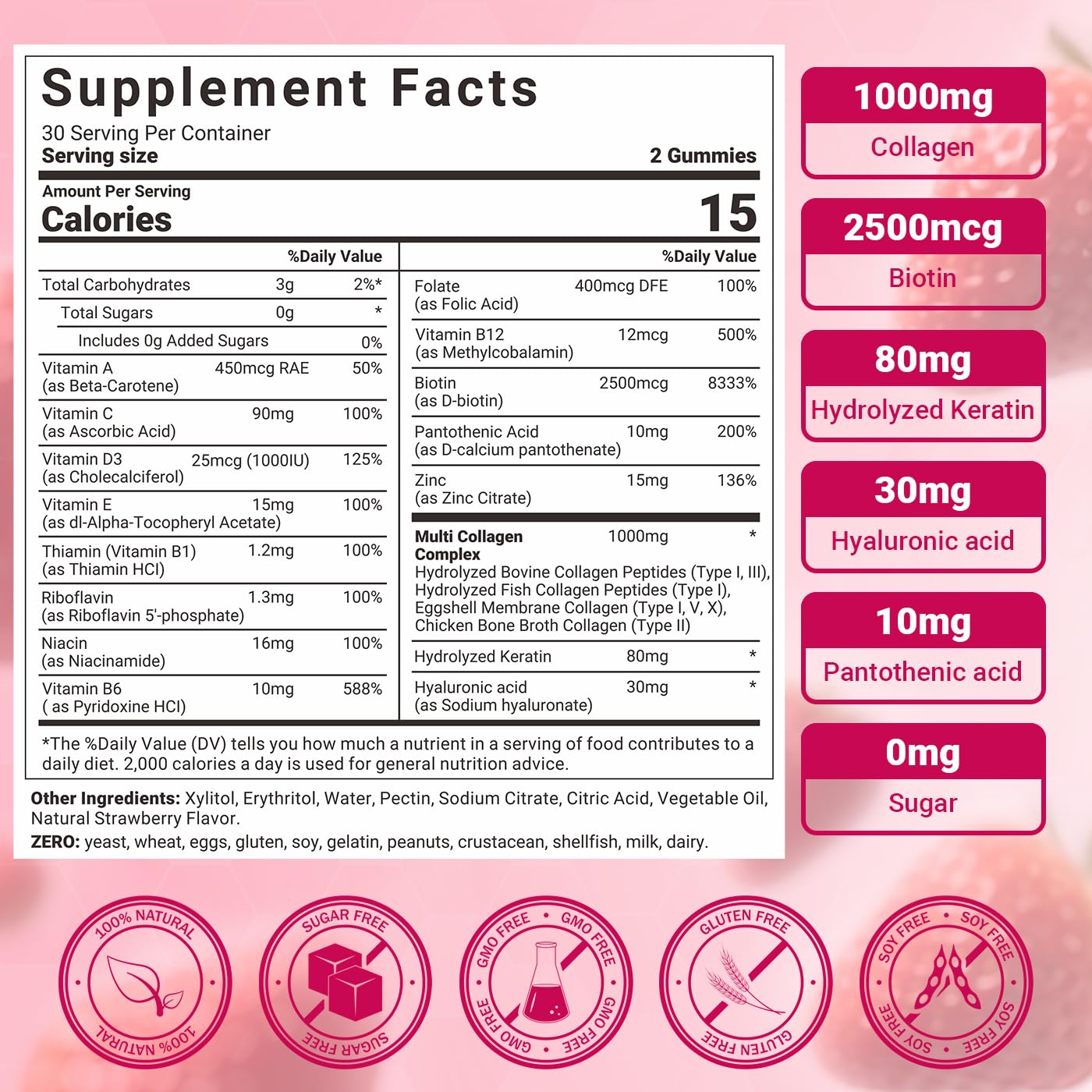 Wiszeen Collagen Gummies for Women – Sugar-Free Hydrolyzed Collagen Type I–X with Biotin, Hyaluronic Acid & Multivitamins