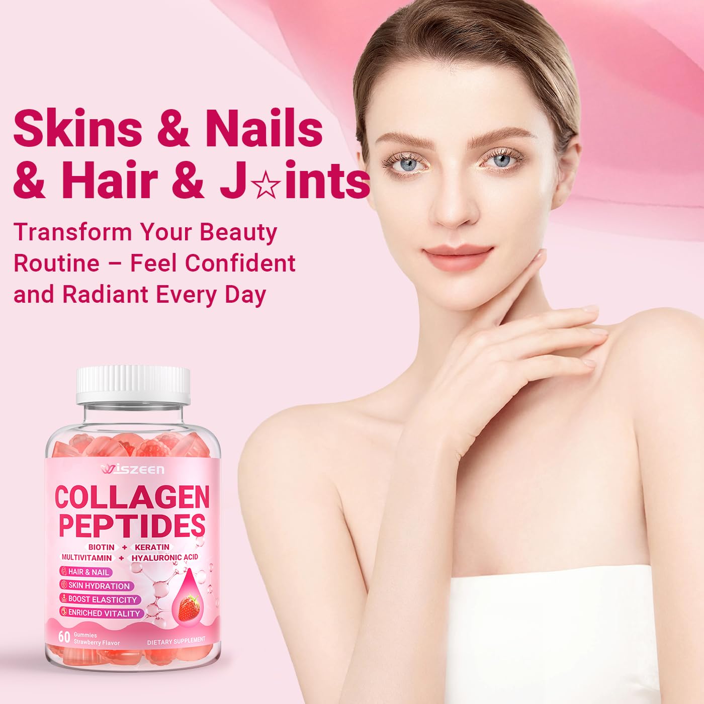Wiszeen Collagen Gummies for Women – Sugar-Free Hydrolyzed Collagen Type I–X with Biotin, Hyaluronic Acid & Multivitamins