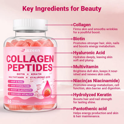 Wiszeen Collagen Gummies for Women – Sugar-Free Hydrolyzed Collagen Type I–X with Biotin, Hyaluronic Acid & Multivitamins