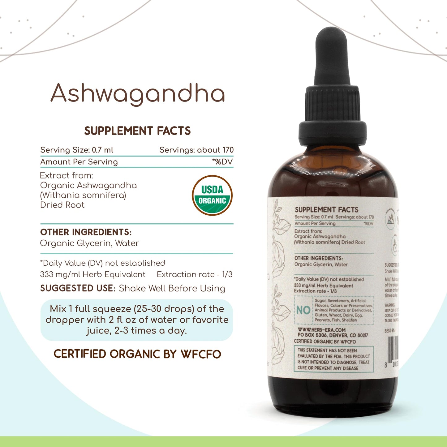 HerbEra Ashwagandha B120 USDA Organic Tincture - Alcohol-Free High-Potency Drops