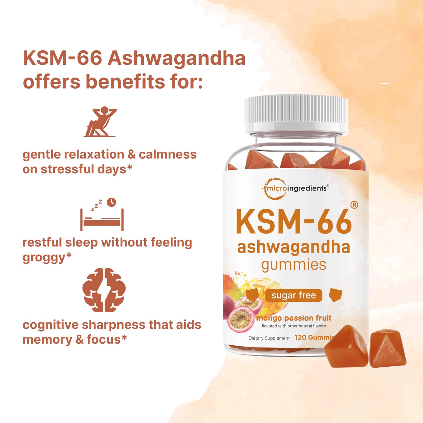 Micro Ingredients KSM-66 Ashwagandha Gummies 300mg – 120 Count | Sugar Free Mango Passion Fruit | Non-GMO