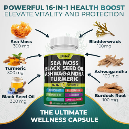Wixar Sea Moss 3000mg with Black Seed Oil, Ashwagandha, Turmeric 1000mg & More - 90 Capsules
