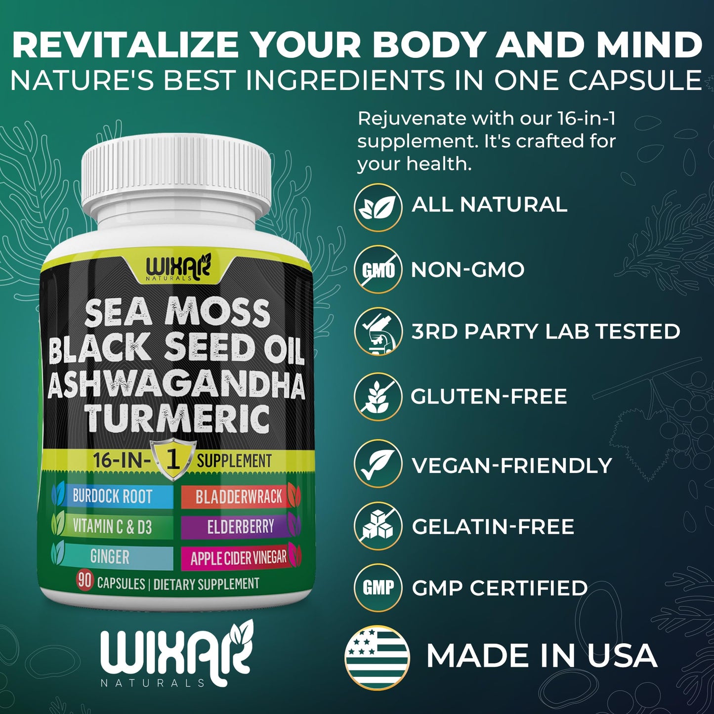 Wixar Sea Moss 3000mg with Black Seed Oil, Ashwagandha, Turmeric 1000mg & More - 90 Capsules