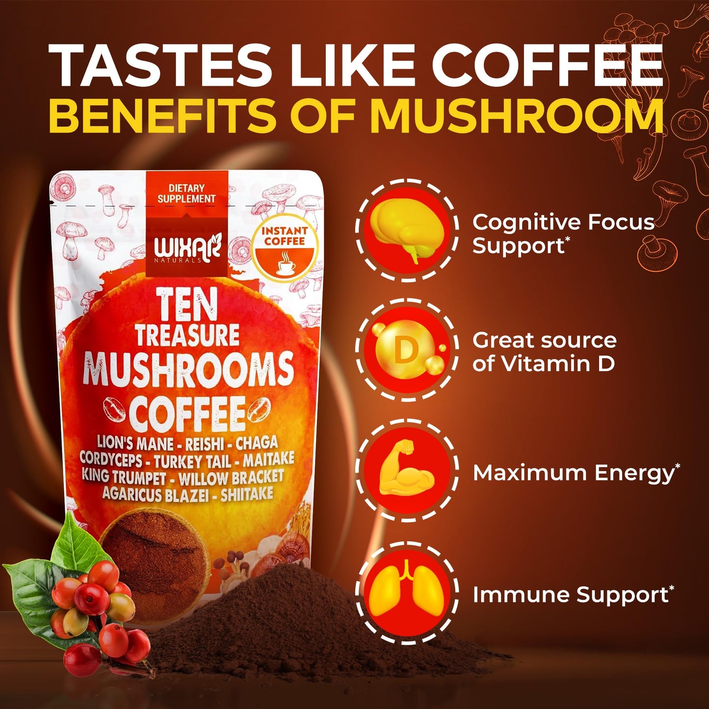 Wixar Mushroom Coffee Blend - Ten-Treasure Mushroom Instant Coffee Powder (5oz)