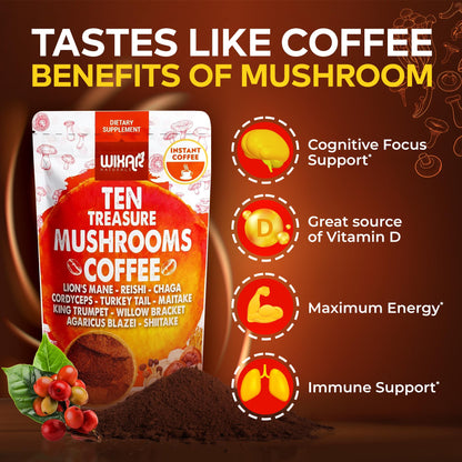 Wixar Mushroom Coffee Blend - Ten-Treasure Mushroom Instant Coffee Powder (5oz)