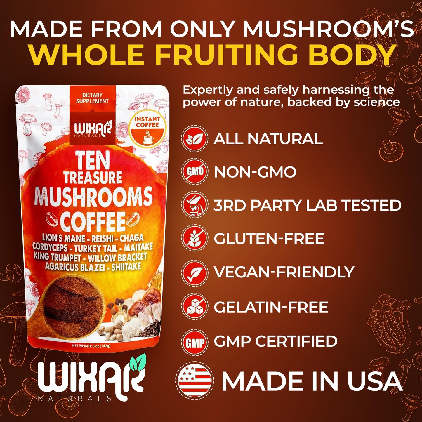 Wixar Mushroom Coffee Blend - Ten-Treasure Mushroom Instant Coffee Powder (5oz)