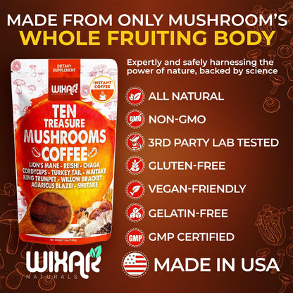 Wixar Mushroom Coffee Blend - Ten-Treasure Mushroom Instant Coffee Powder (5oz)
