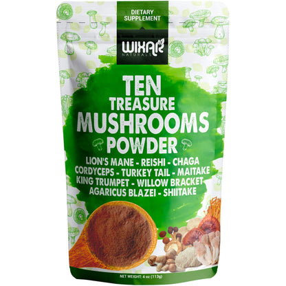 Wixar Mushroom Powder - Ten Treasure Mushrooms 4oz Supplement for Coffee & Smoothies