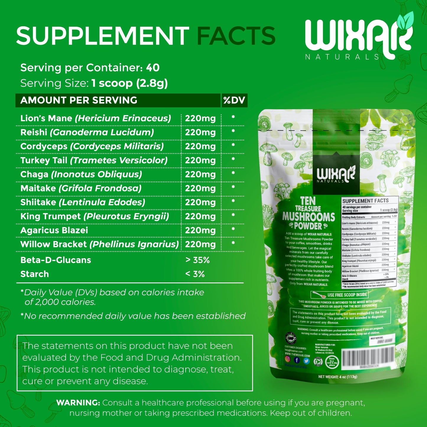 Wixar Mushroom Powder - Ten Treasure Mushrooms 4oz Supplement for Coffee & Smoothies