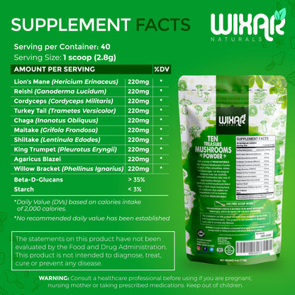 Wixar Mushroom Powder - Ten Treasure Mushrooms 4oz Supplement for Coffee & Smoothies