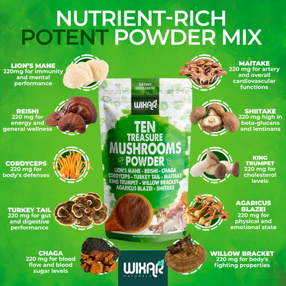Wixar Mushroom Powder - Ten Treasure Mushrooms 4oz Supplement for Coffee & Smoothies