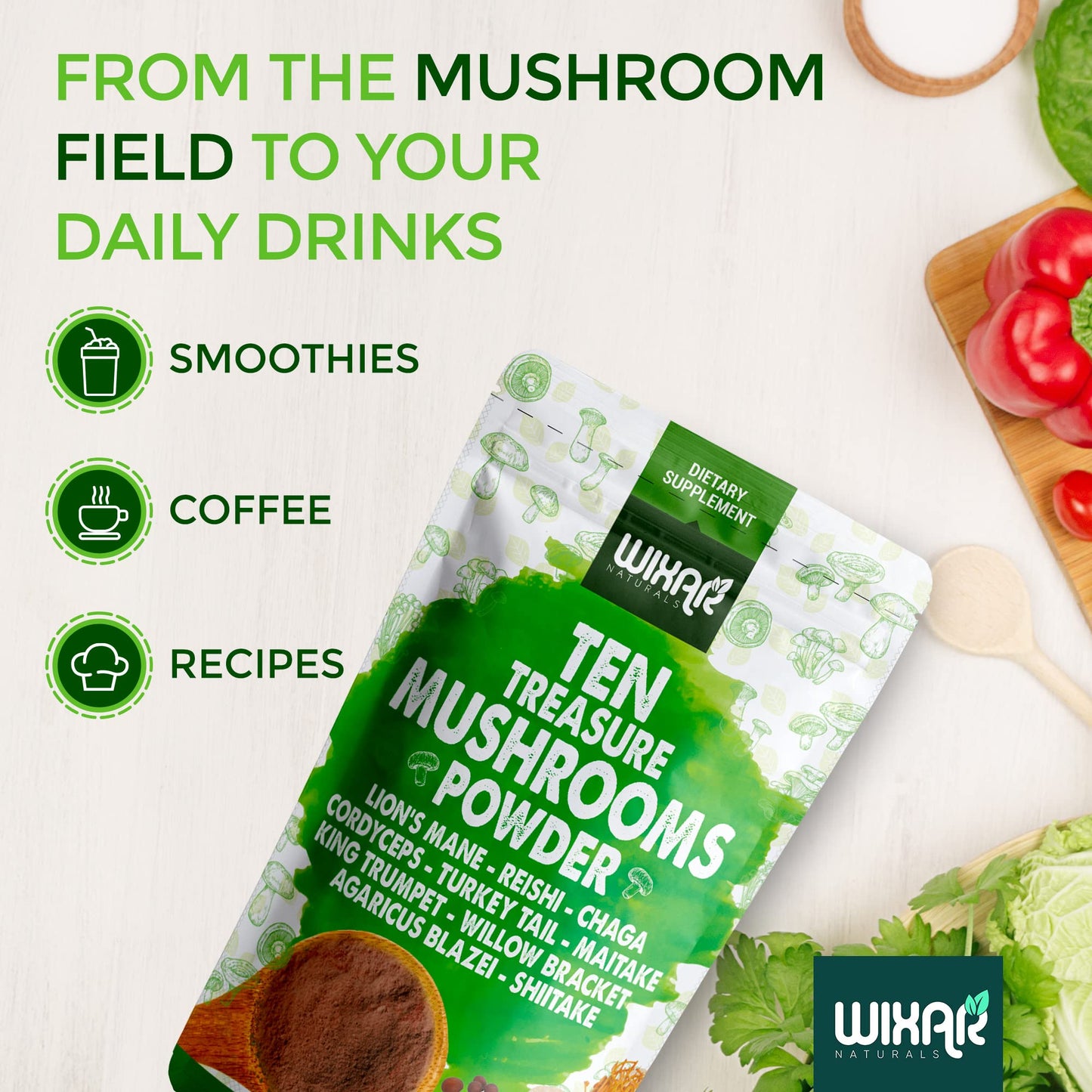 Wixar Mushroom Powder - Ten Treasure Mushrooms 4oz Supplement for Coffee & Smoothies