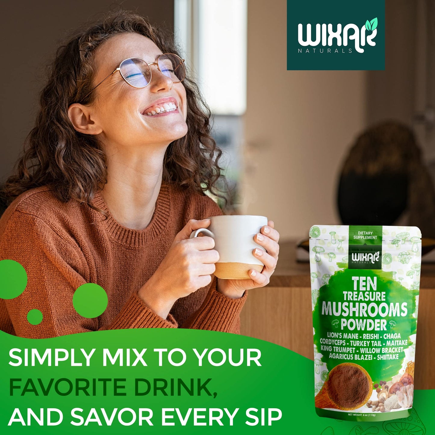 Wixar Mushroom Powder - Ten Treasure Mushrooms 4oz Supplement for Coffee & Smoothies