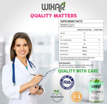 Wixar Naturals Sea Moss Gummies – Irish Sea Moss, Bladderwrack & Burdock – 60 Gummies – Vegan
