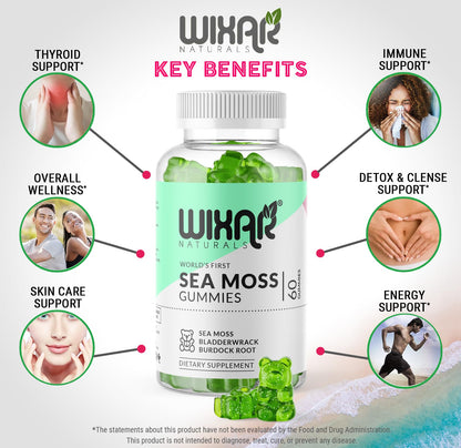 Wixar Naturals Sea Moss Gummies – Irish Sea Moss, Bladderwrack & Burdock – 60 Gummies – Vegan