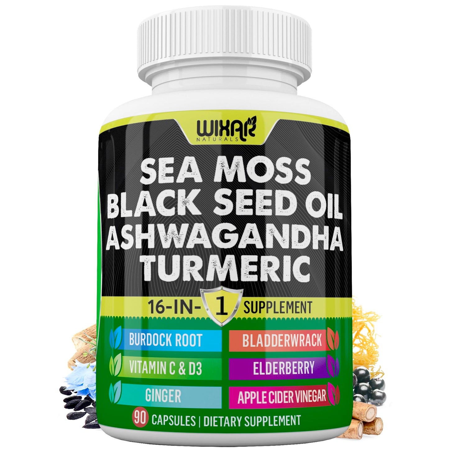 Wixar Sea Moss 3000mg with Black Seed Oil, Ashwagandha, Turmeric 1000mg & More - 90 Capsules