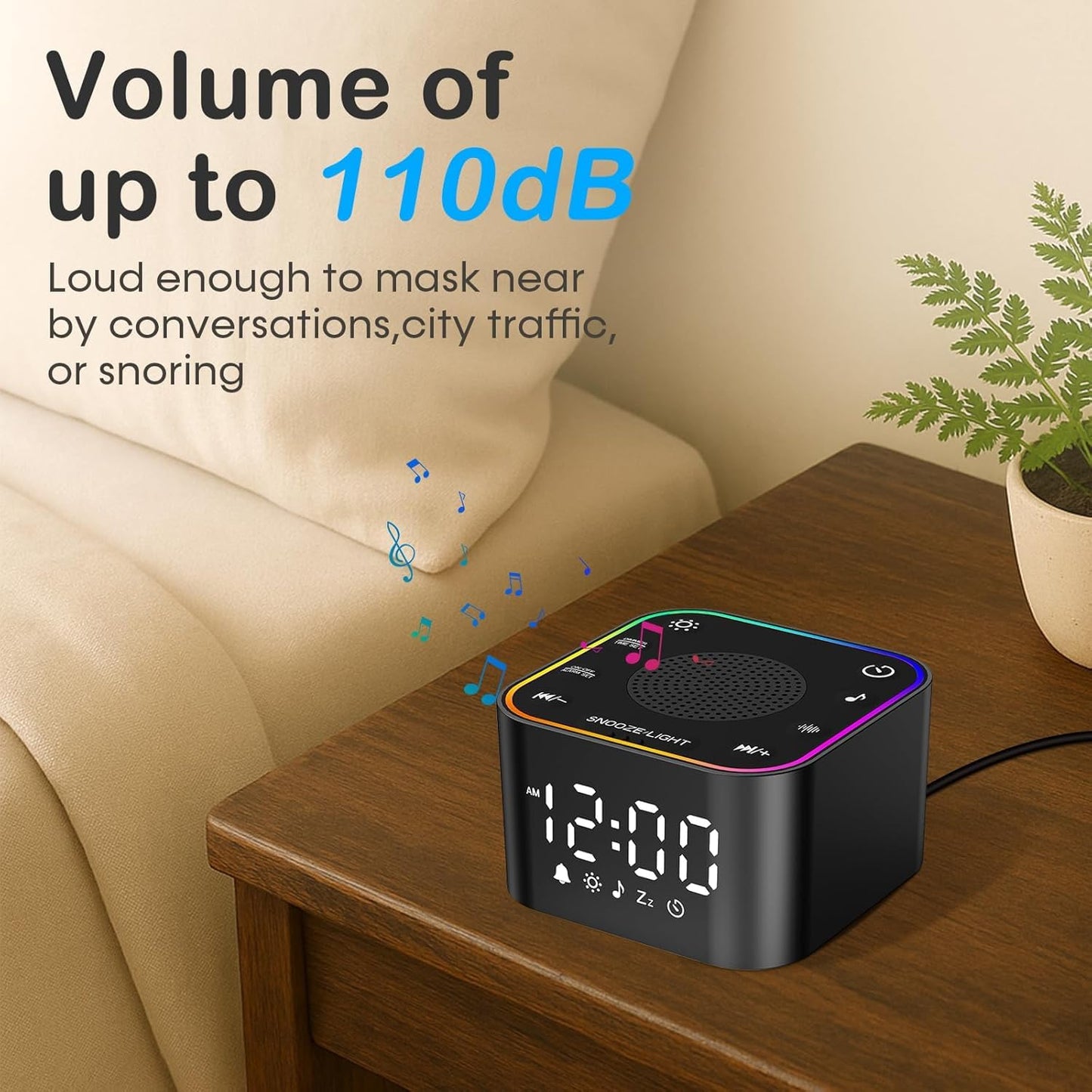 Wkzay Sound Machine with Alarm Clock — 30 Non-Looping Sleep Sounds, Adjustable Volume, Night Light, Memory & Sleep Timer (Black)