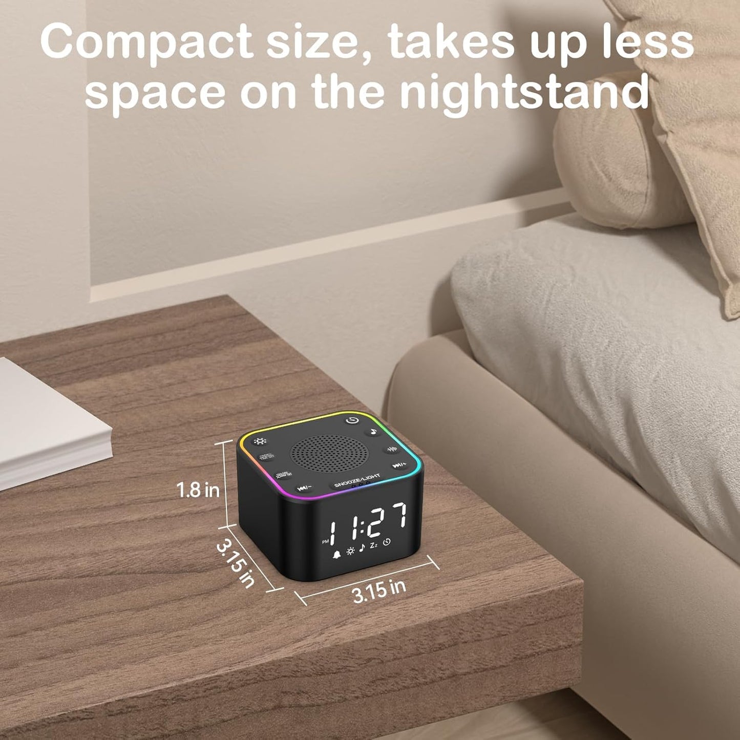 Wkzay Sound Machine with Alarm Clock — 30 Non-Looping Sleep Sounds, Adjustable Volume, Night Light, Memory & Sleep Timer (Black)