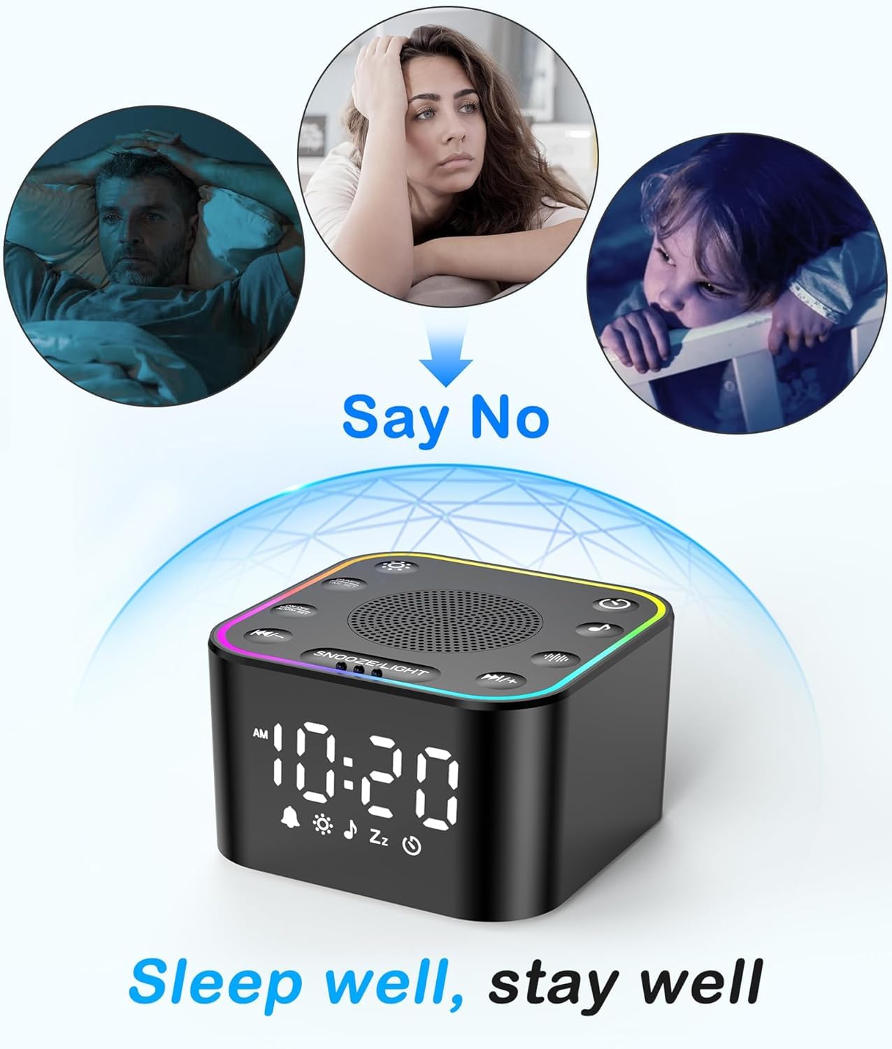 Wkzay Sound Machine with Alarm Clock — 30 Non-Looping Sleep Sounds, Adjustable Volume, Night Light, Memory & Sleep Timer (Black)