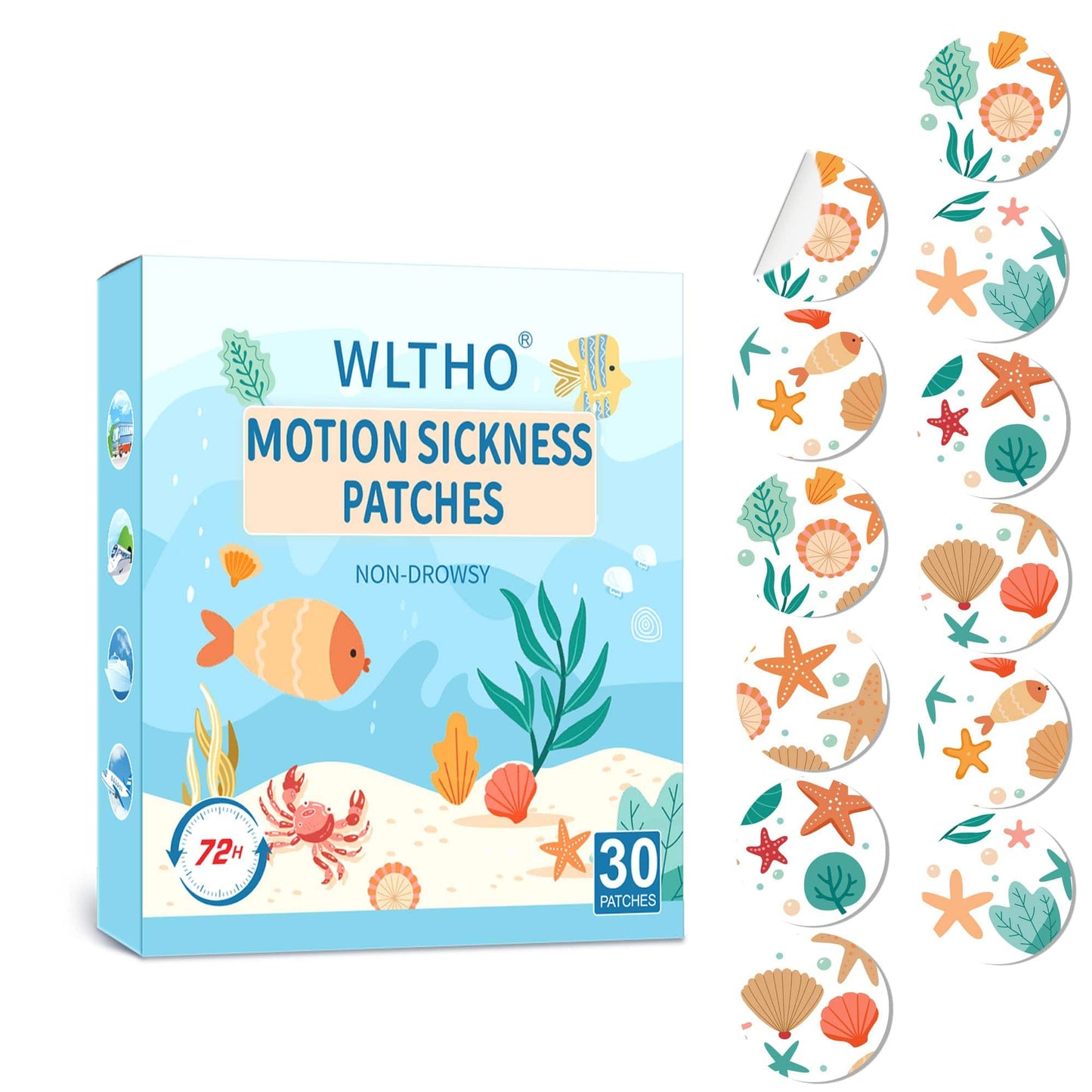 WLTHO Motion Sickness Patches – Non-Drowsy, Waterproof Behind-Ear Seashell Pattern, 72H