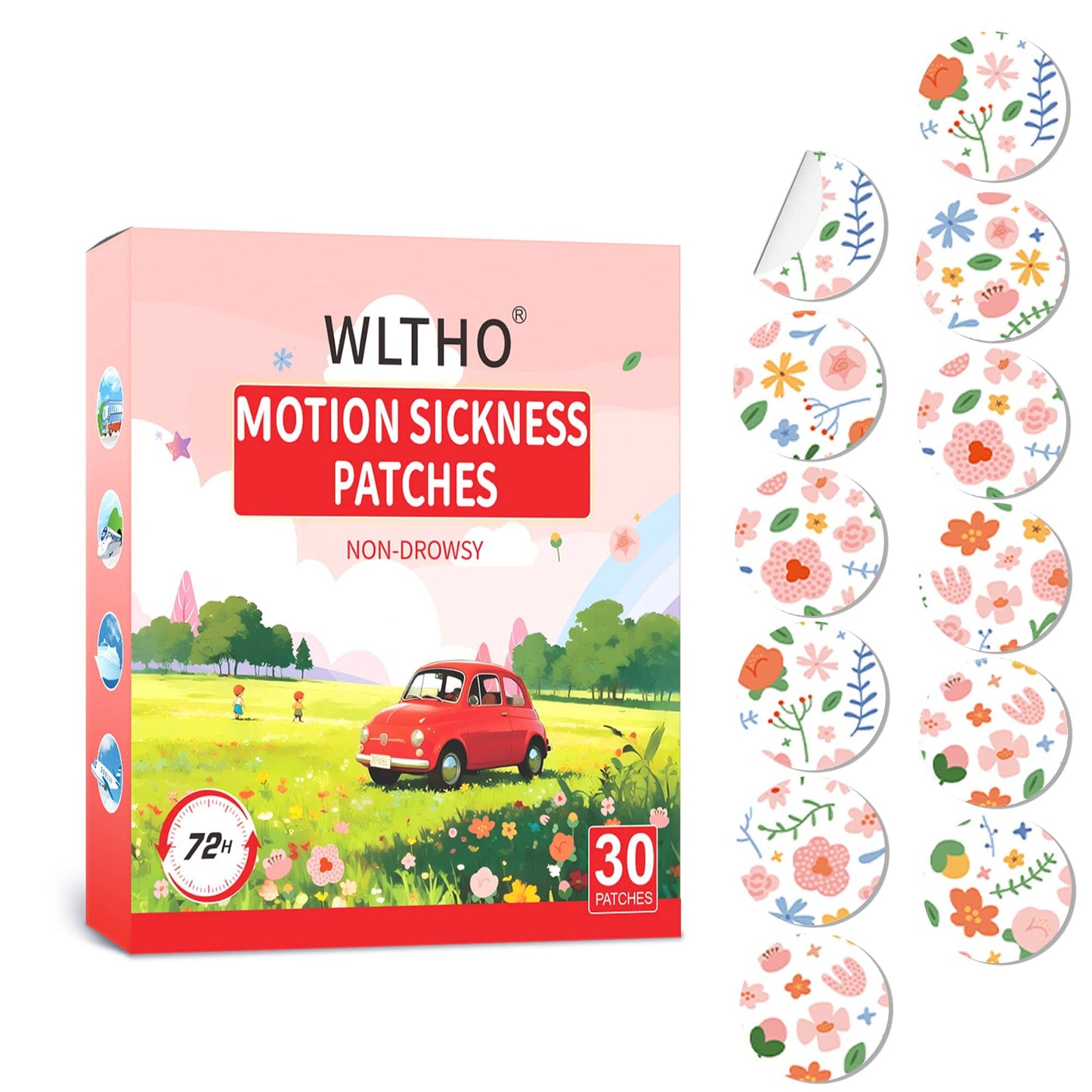 WLTHO Motion Patches - 30ct Non-Drowsy, Waterproof Behind-Ear Patches, Floral Pattern, 72H