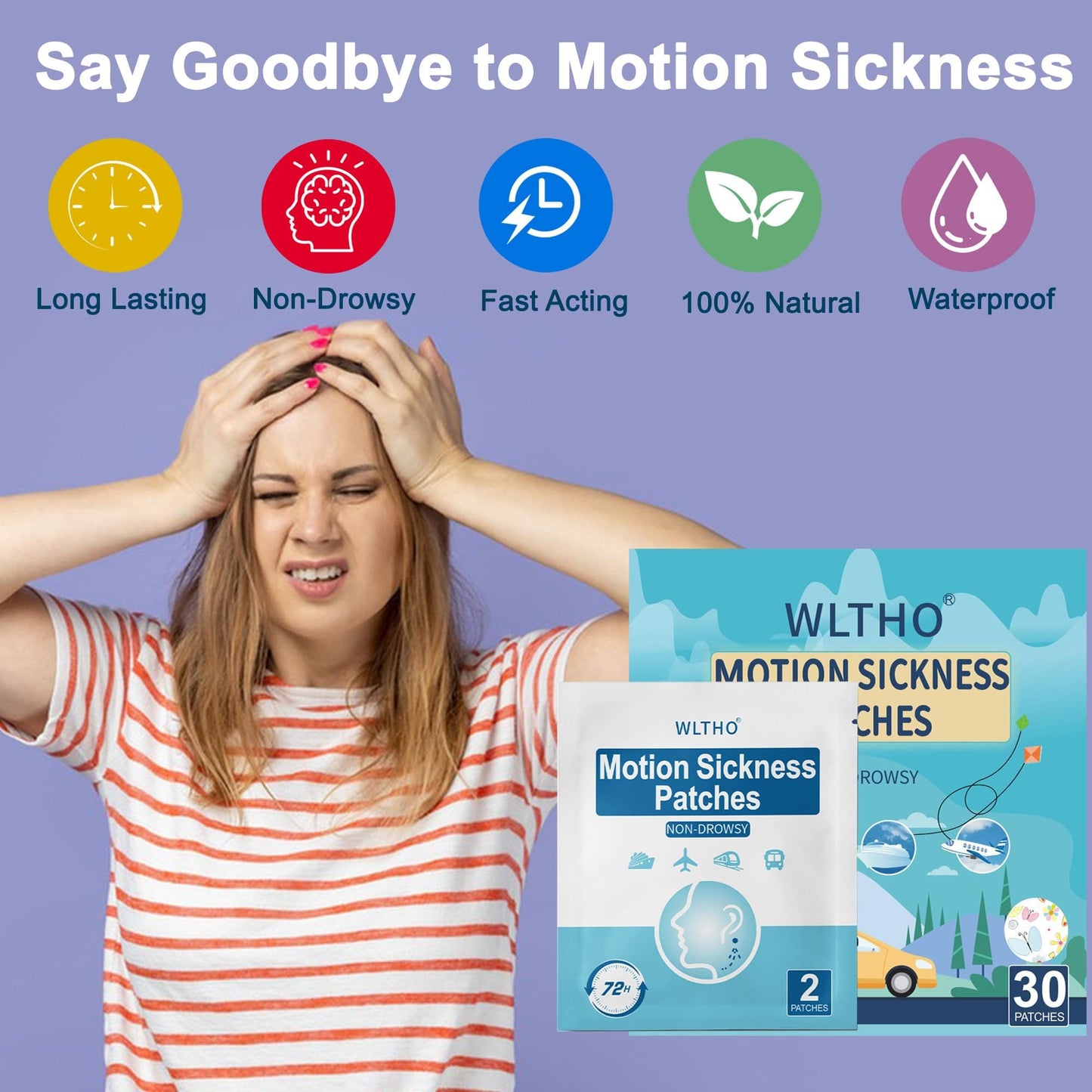 WLTHO 30ct Motion Sickness Patches – Non-Drowsy, Waterproof Behind-Ear Patches (72H)
