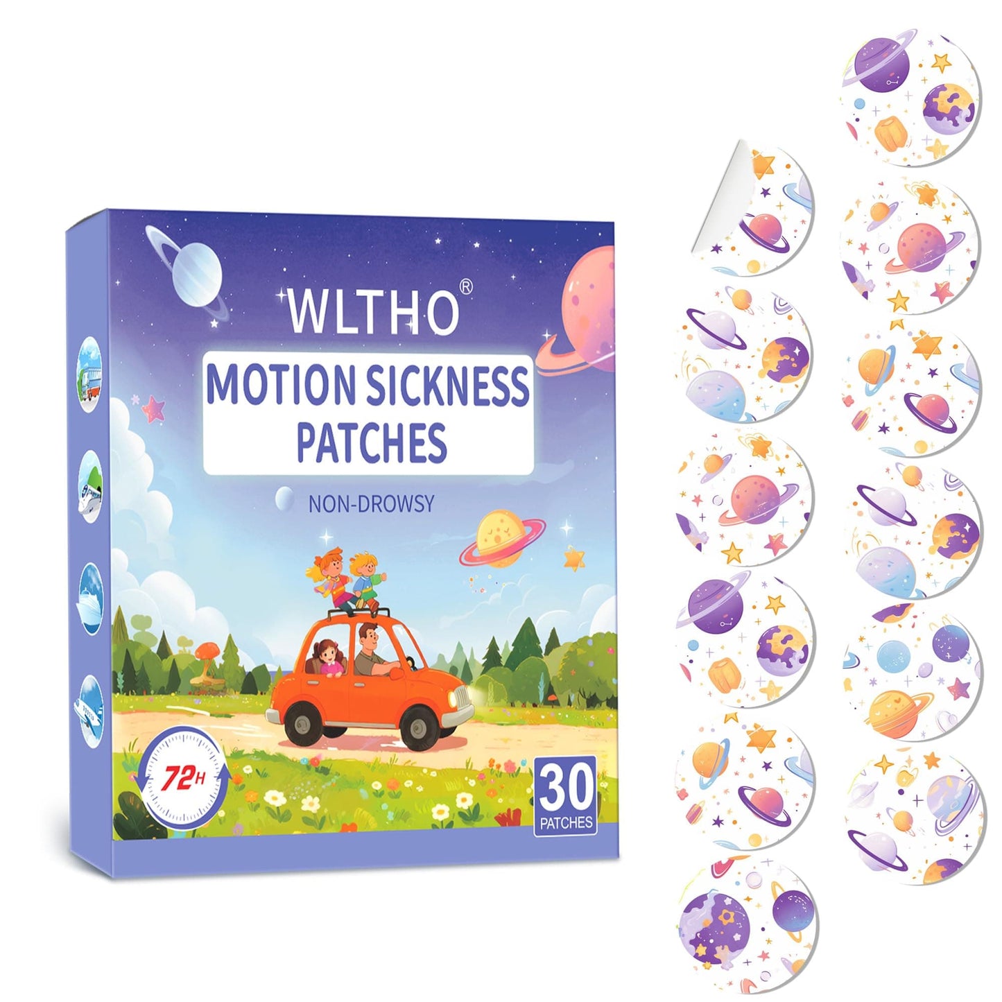 WLTHO 30ct Motion Sickness Patches — Non-Drowsy, Waterproof Behind-Ear, 72H Relief