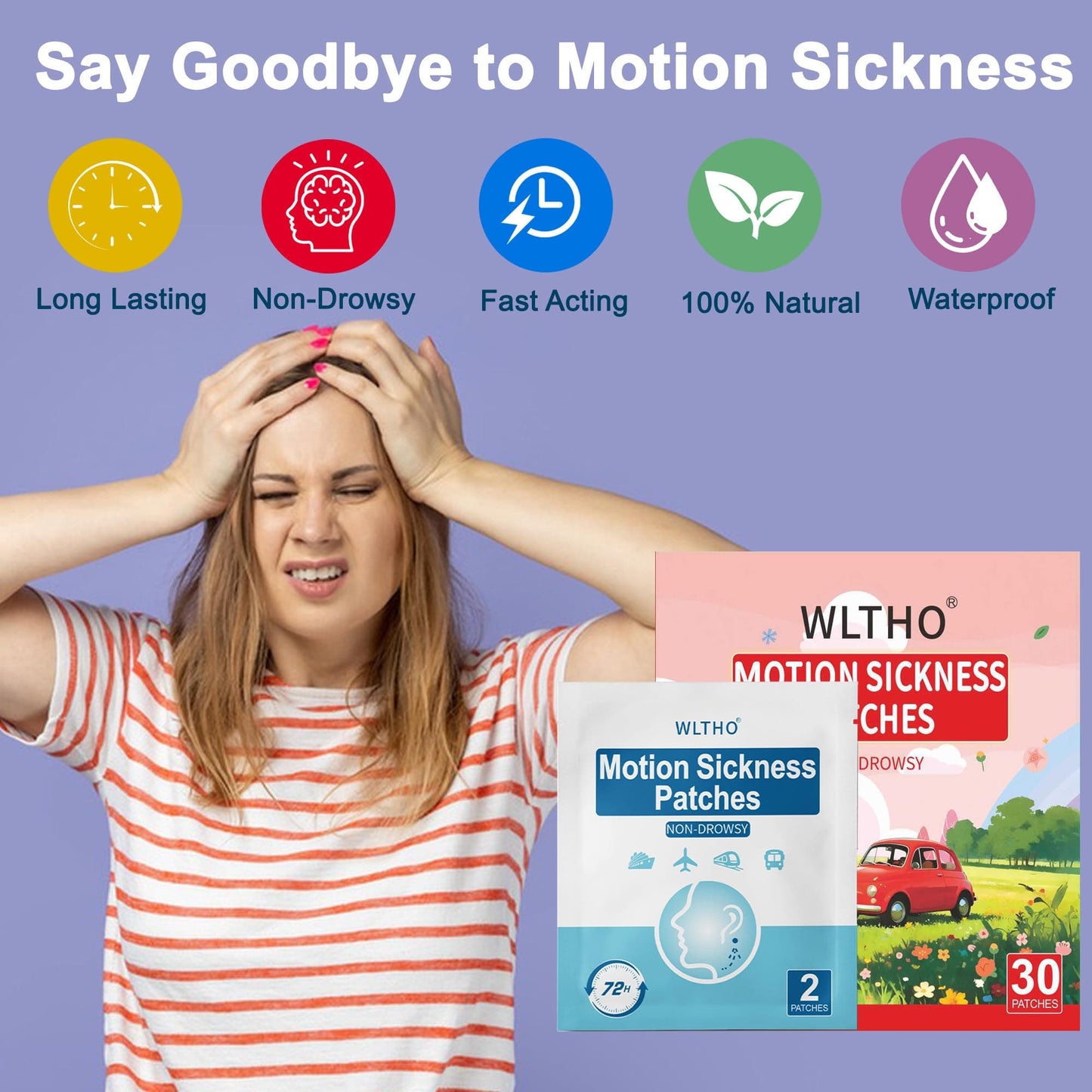 WLTHO Motion Patches - 30ct Non-Drowsy, Waterproof Behind-Ear Patches, Floral Pattern, 72H