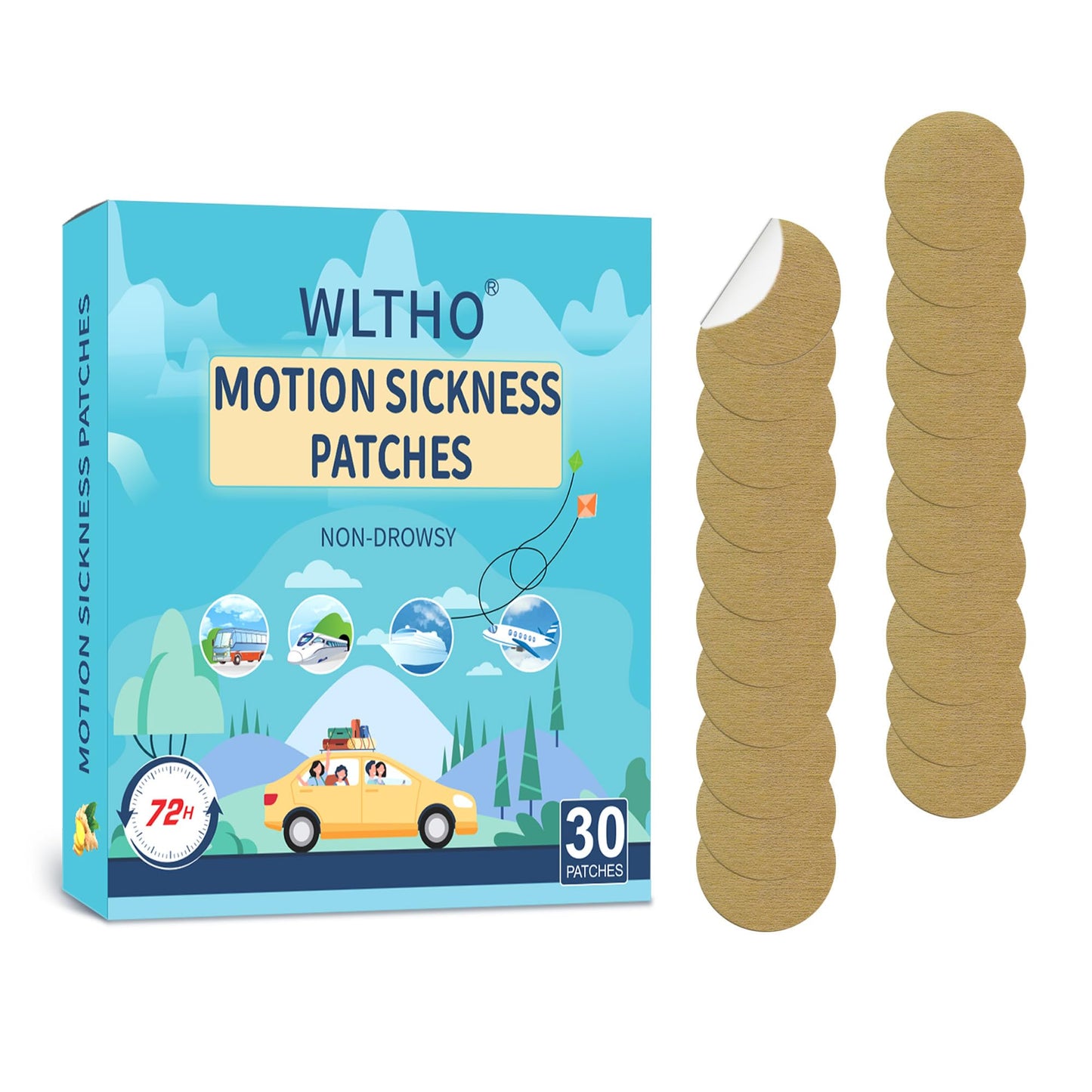 WLTHO 30ct Motion Sickness Patches – Non-Drowsy, Waterproof, 72H Coverage