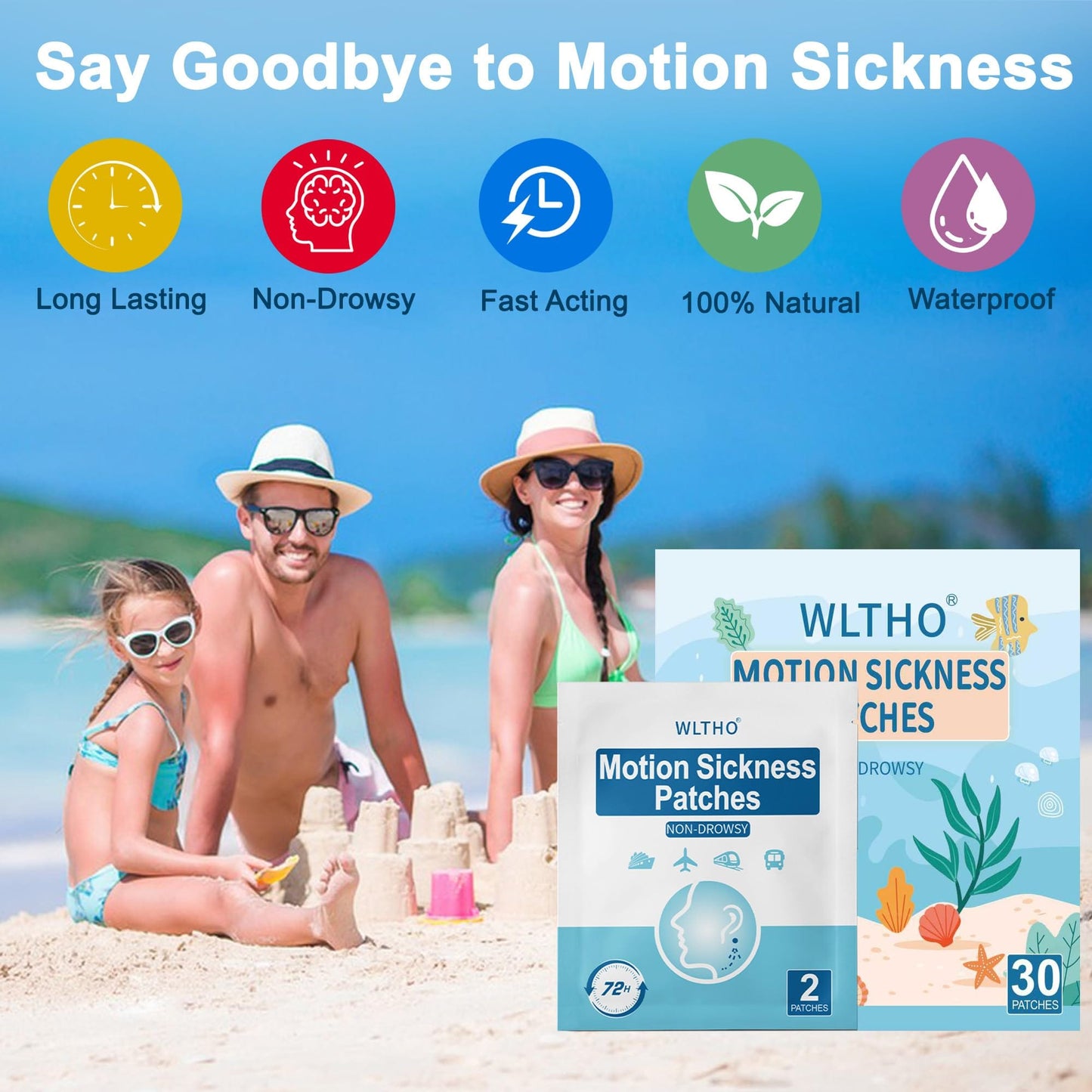 WLTHO Motion Sickness Patches – Non-Drowsy, Waterproof Behind-Ear Seashell Pattern, 72H
