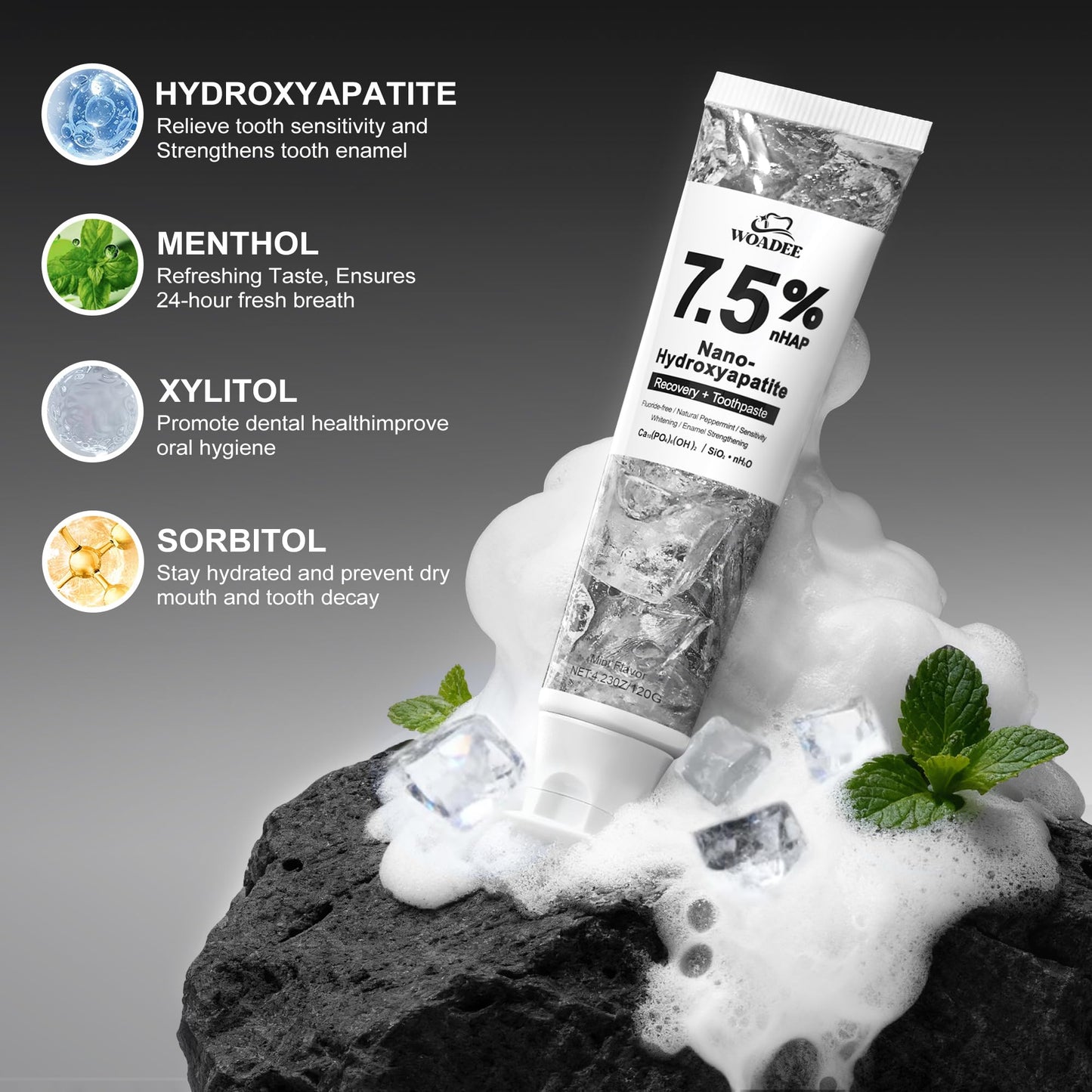 woadee 7.5% Hydroxyapatite Toothpaste for Advanced Enamel Protection, Fluoride-Free Nano Hydroxyapatite Toothpaste, Gentle and Effective Formula, Fresh Breath, Suitable for Sensitive Teeth 2 Pack