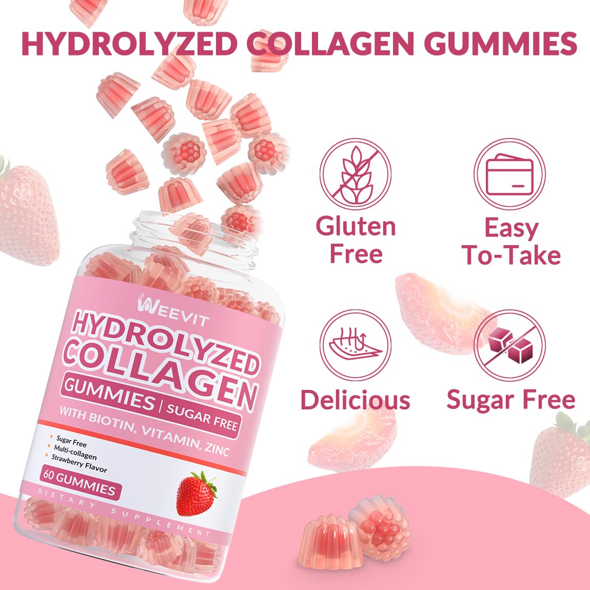 Sugar Free Collagen Gummies for Women – Multi-Collagen I II III V X + Biotin & Vitamins