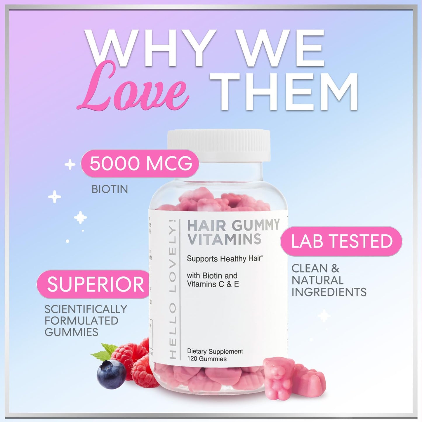 Hair Vitamins Gummies – Biotin 5000 mcg + Vitamins E & C, Zinc | 120 Gummies