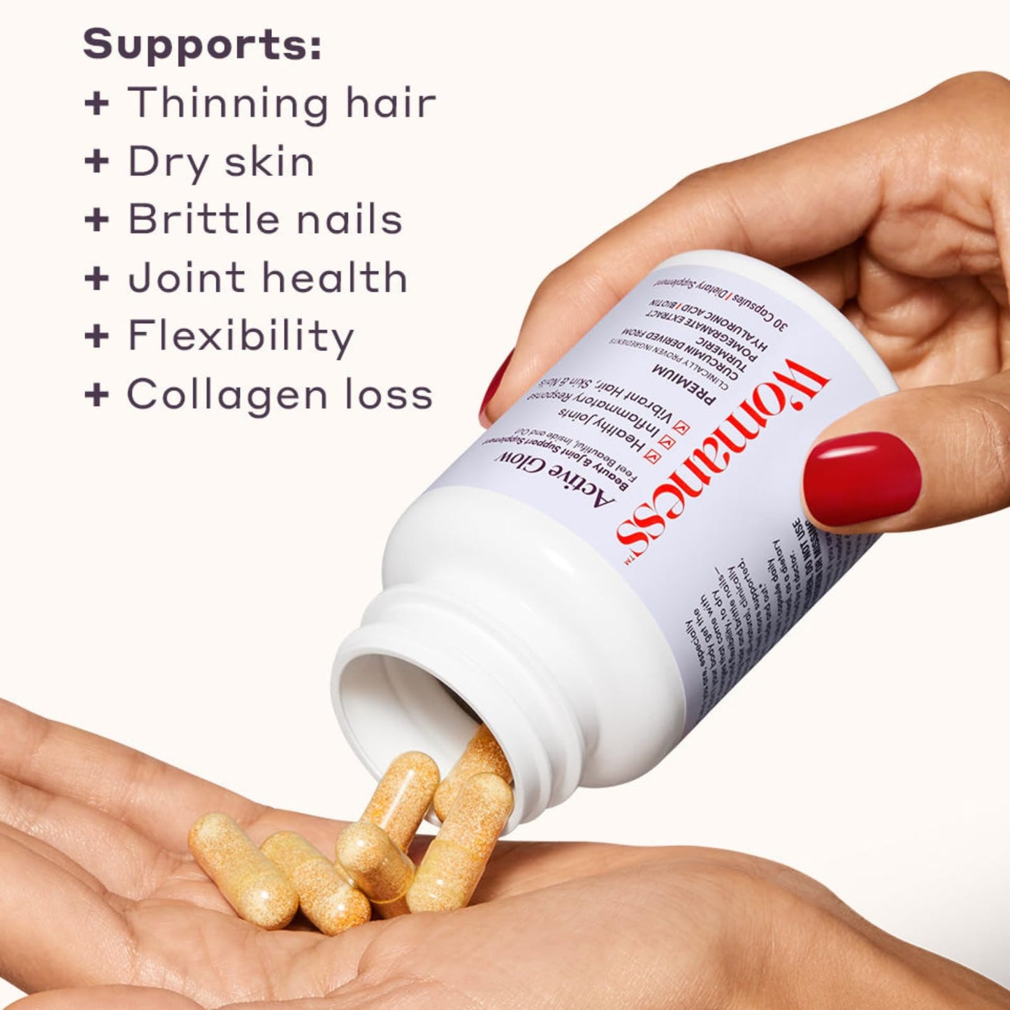 Womaness Active Glow Hair Skin & Nails Vitamins – Biotin, Hyaluronic Acid, Curcumin