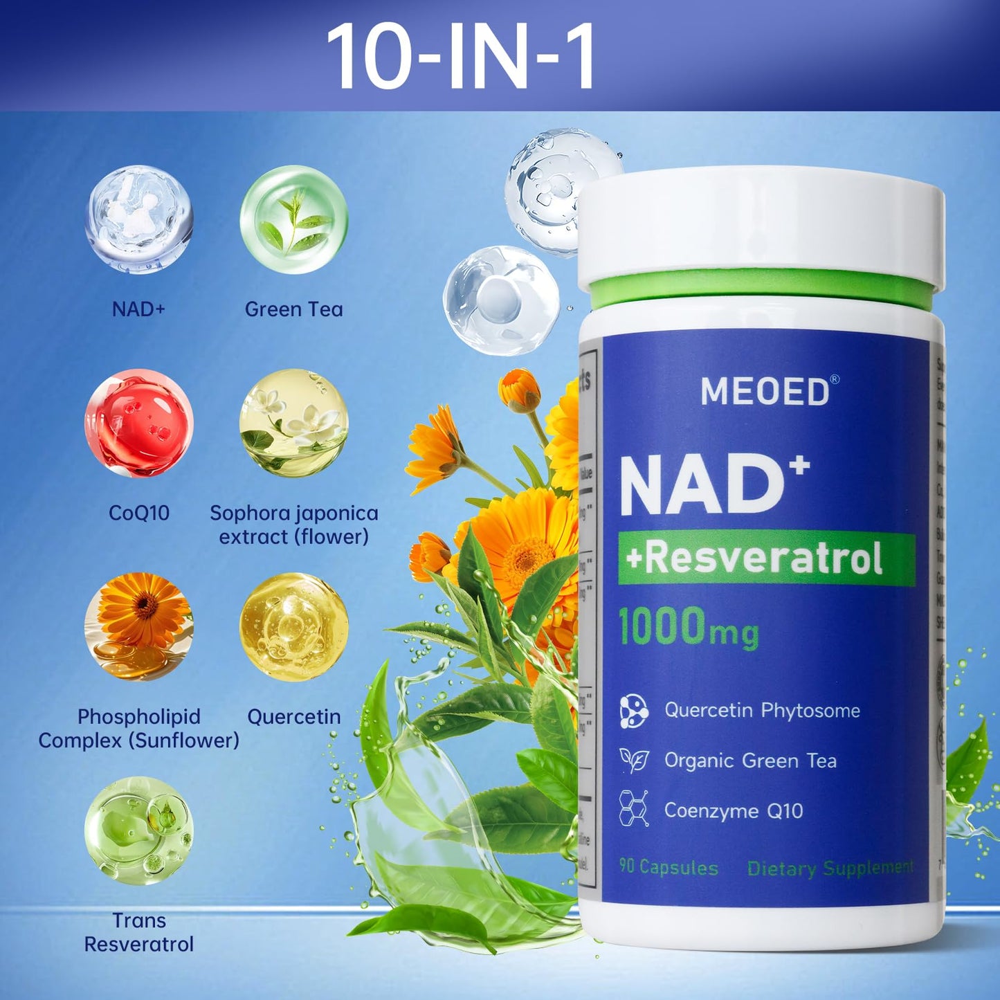 Liposomal NAD+ 1000mg Supplement with Resveratrol, CoQ10, Quercetin & Green Tea – 90 Capsules