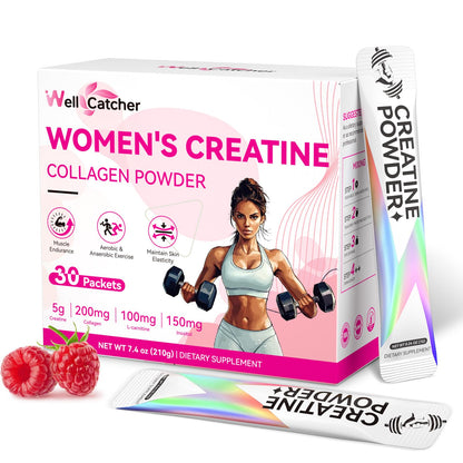 Women’s Creatine Powder Travel Packets – 30 Raspberry Packs | Creatine Monohydrate & Collagen