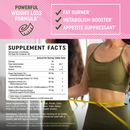 Women’s Fat Burner Gummies for Weight Loss | Green Tea, Green Coffee Bean, Garcinia Cambogia & Ketones | Fat Burners for Women Weight Loss Gummies | Green Tea Fat Burner Supplements | 60 Count