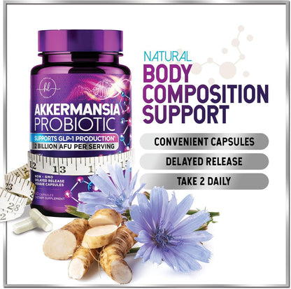 Akkermansia Probiotic 2B AFU – GLP-1 Support with Prebiotic Fiber – 60 Capsules | Made in USA