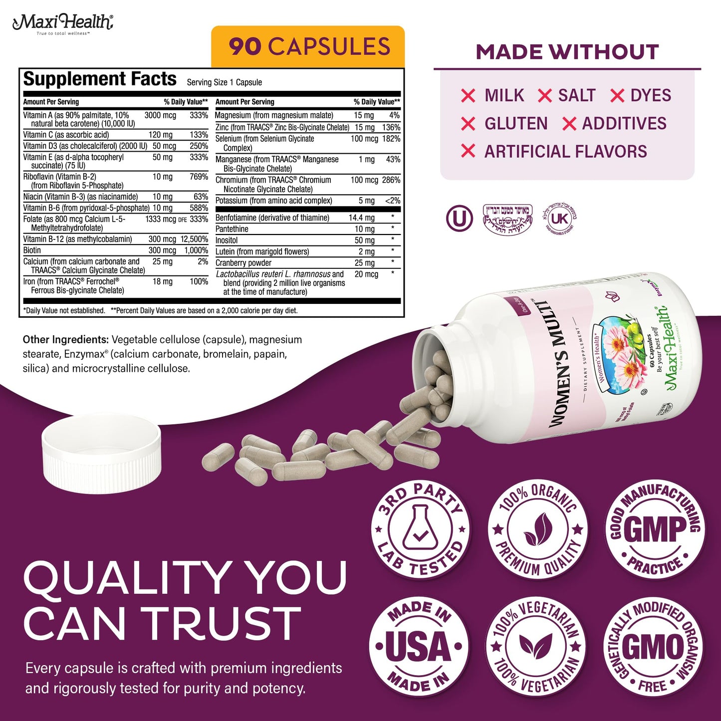 Womens Multivitamin – Methylated Multivitamin for Women with 23 Essential Vitamins | Probiotics & Digestive Support | Kosher (90 Capsules)