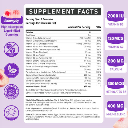 Womens Multivitamin Gummy 50 and Over - Chewable Multi Vitamin A, C, D3, E, K2 & B Complex, Folate, Biotin, Calcium, Magnesium - Support Energy, Immune & Over-All Health