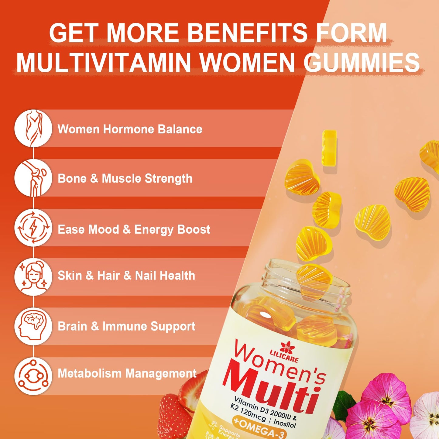 Womens Multivitamin Gummy with Omega 3 (DHA/EPA), Vitamin D3 K2, Calcium, Inositol, Daily Womens Vitamin A C E B Complex, L-MethylFolate, Methyl B12, Sugar Free Methylated Multivitamins Minerals, 60 Cts