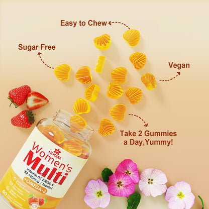 Womens Multivitamin Gummy with Omega 3 (DHA/EPA), Vitamin D3 K2, Calcium, Inositol, Daily Womens Vitamin A C E B Complex, L-MethylFolate, Methyl B12, Sugar Free Methylated Multivitamins Minerals, 60 Cts