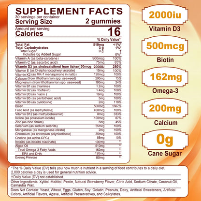 Womens Multivitamin Gummy with Omega 3 (DHA/EPA), Vitamin D3 K2, Calcium, Inositol, Daily Womens Vitamin A C E B Complex, L-MethylFolate, Methyl B12, Sugar Free Methylated Multivitamins Minerals, 60 Cts