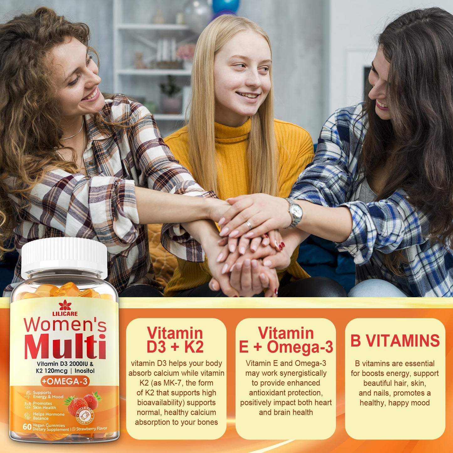 Womens Multivitamin Gummy with Omega 3 (DHA/EPA), Vitamin D3 K2, Calcium, Inositol, Daily Womens Vitamin A C E B Complex, L-MethylFolate, Methyl B12, Sugar Free Methylated Multivitamins Minerals, 60 Cts