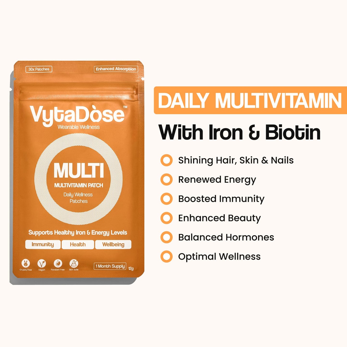 Multivitamin Patches for Women – Iron, Biotin & 26 Vitamins | 8-12h Time-Release