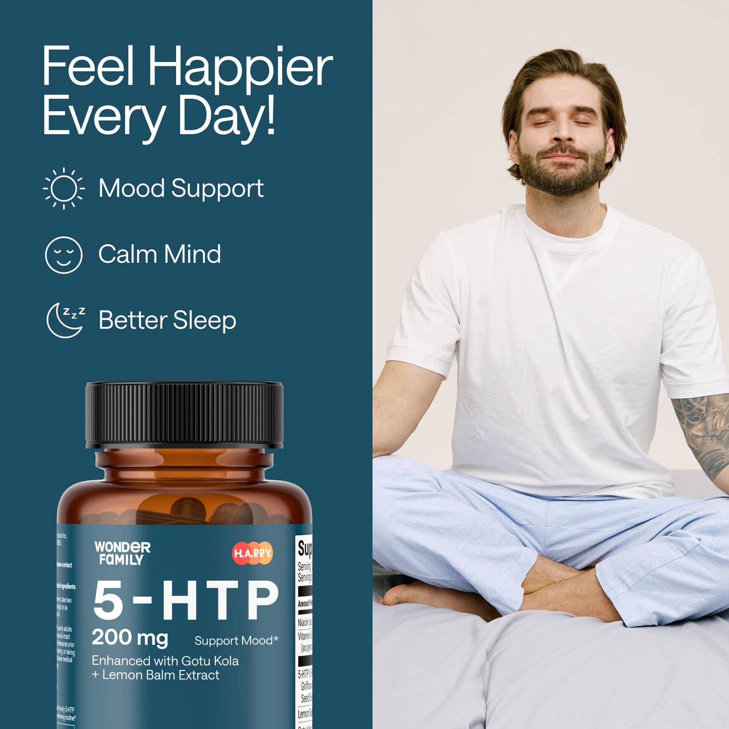 WONDER FAMILY 5-HTP 200mg with Vitamin B6 100mg & Gotu Kola | Deep Sleep & Wellbeing Supplement for Women & Men | 60 Capsules