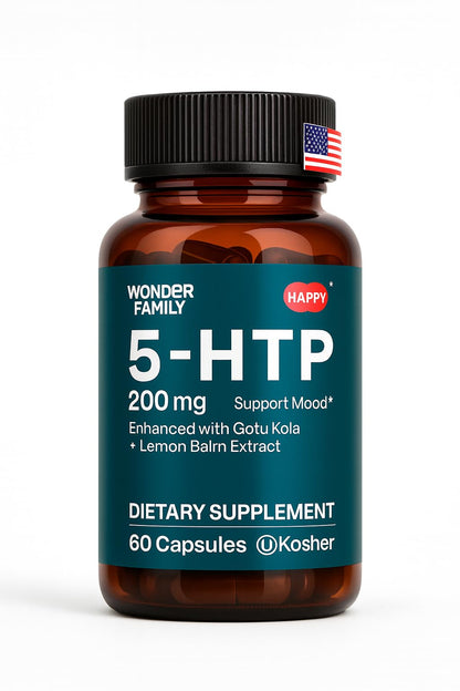 WONDER FAMILY 5-HTP 200mg with Vitamin B6 100mg & Gotu Kola | Deep Sleep & Wellbeing Supplement for Women & Men | 60 Capsules